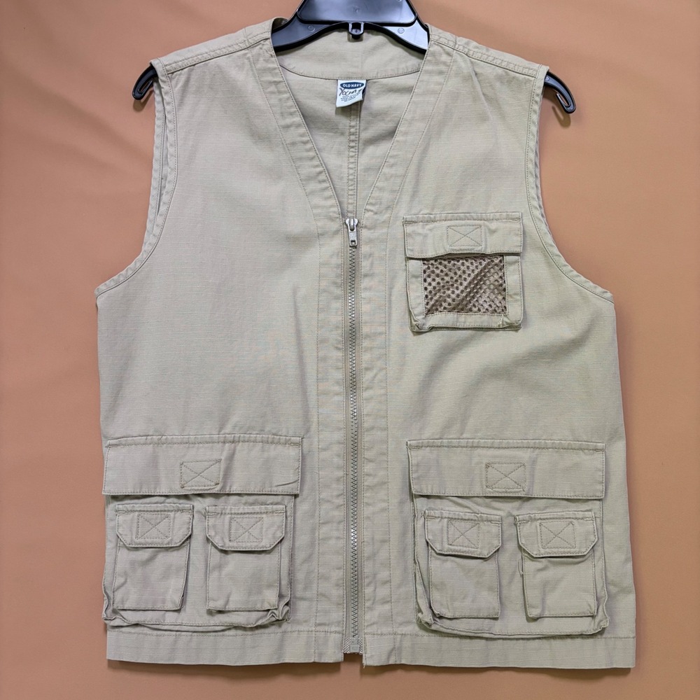 Womens Khaki Cotton Utility Vest Full Zip Multi Pocket Cargo Tan Size L‎ Safari